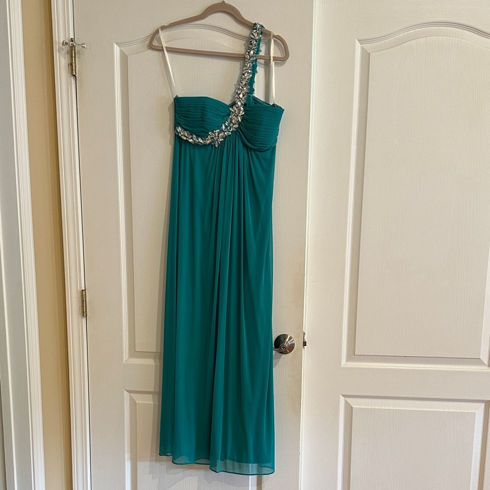 Xscape Teal One-Shoulder Dress with Embellished Strap